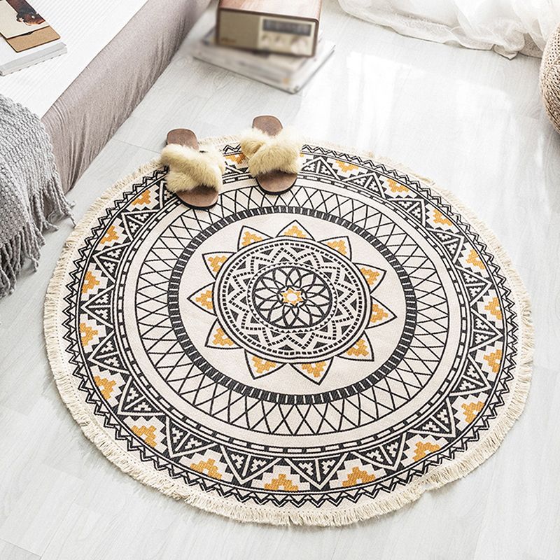 Rapis simple Rapis tribal Tribal Tapis rond Mélange de coton lavable avec frange