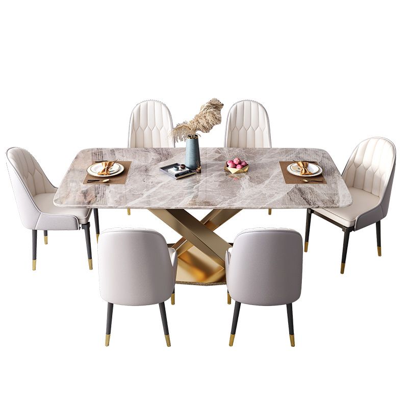 Mesa de rectángulo de lujo tradicional de metal mesa de interior de piedra sinterizada gris con pedestal
