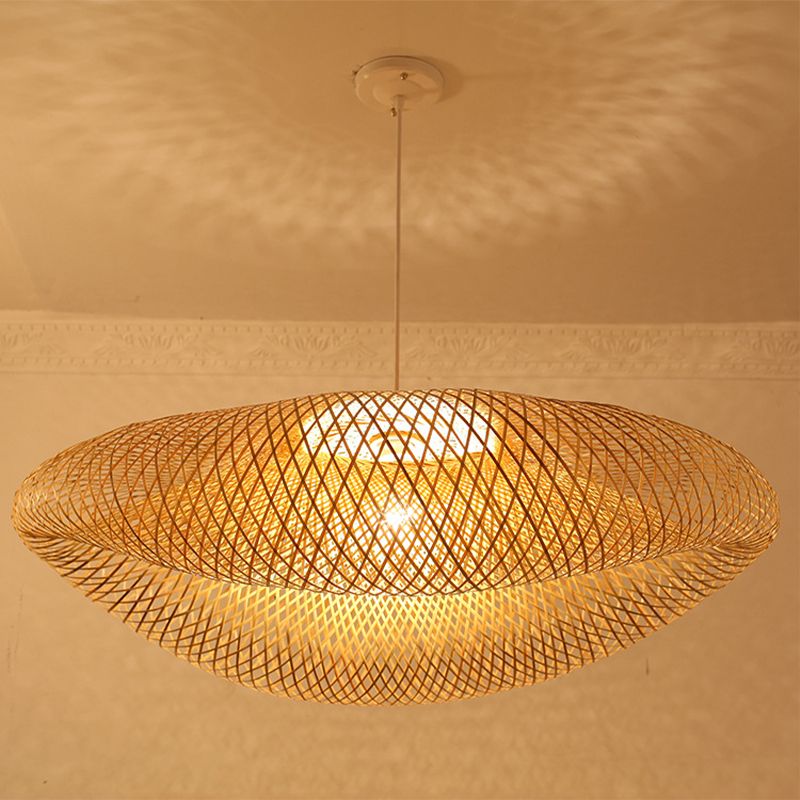 Handmade Suspension Lighting Traditional Bamboo 1 Bulb Wood Hanging Ceiling Light