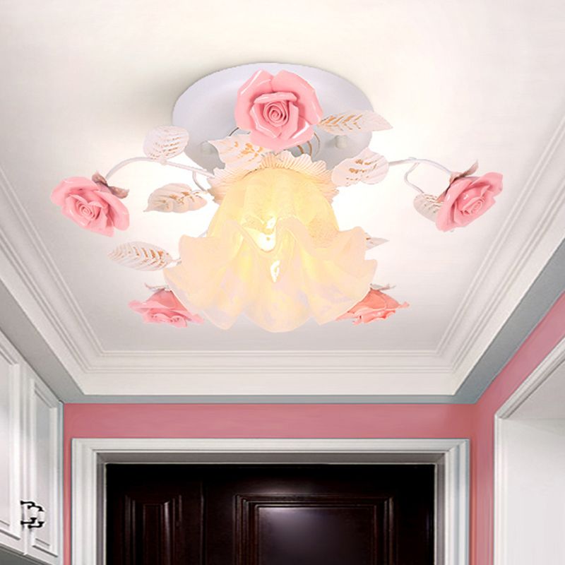 Rose Porch Ceiling Lighting Korean Garden Metal 1 Bulb White Semi Flush Mount Light Fixture