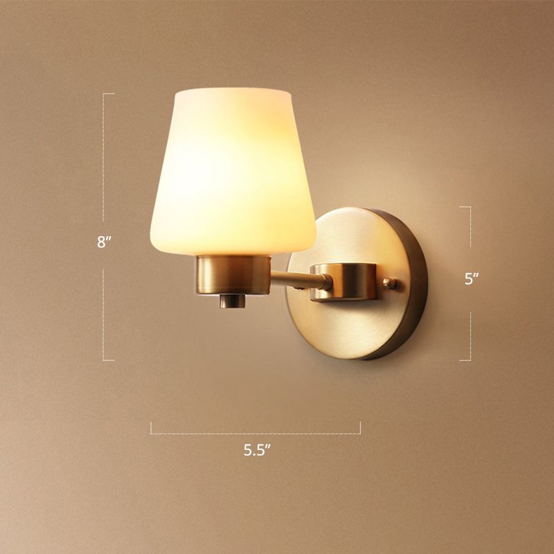 Minimalist Conic Wall Lamp Sconce 1-Bulb Cream Glass Wall Mounted Light in Brass for Dining Room