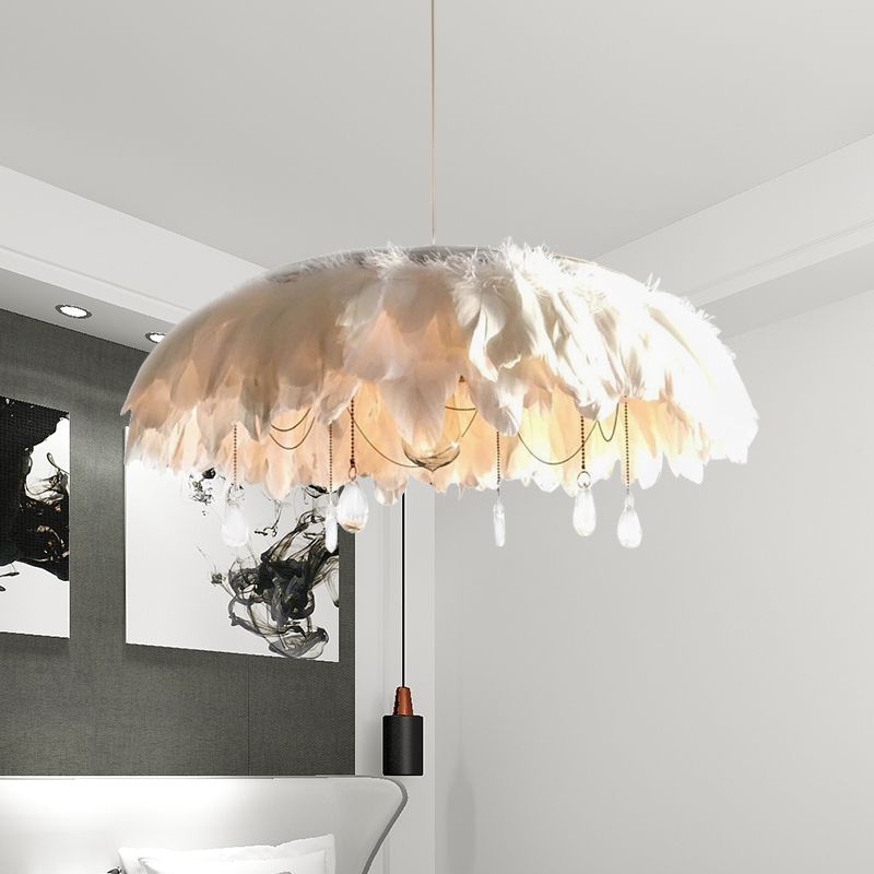 Tessuto di lampada sospesa con piuma contemporanea Ciondolo in bianco con caduta di cristallo