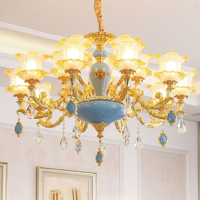 Traditional Ruffled Floral Ceiling Lighting Textured Glass Chandelier Light Fixture with Crystal Accent