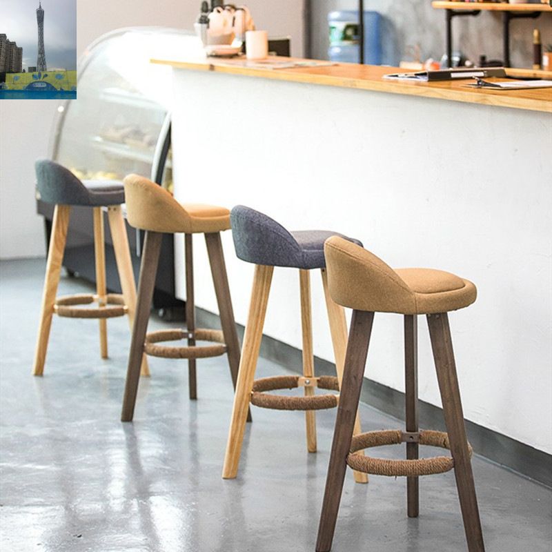 Nordic Armless Backrest Counter Stool Rubber Wood Bar Stool with Pedal