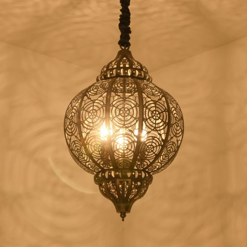 Bronze Globe Ceiling Hanging Lantern Turkish Iron 3-Light Restaurant Hollowed out Chandelier Lamp