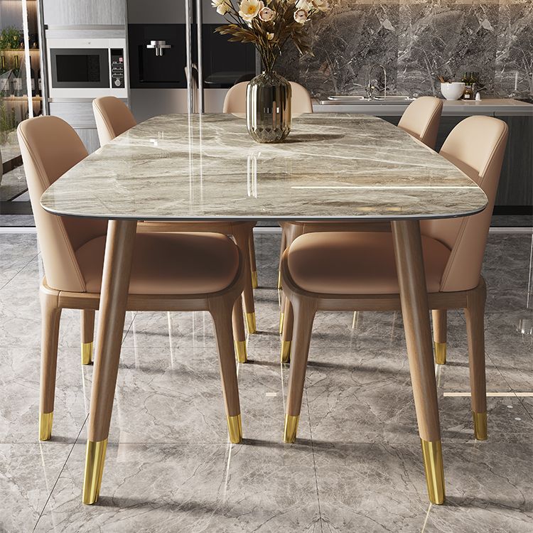 Mesa rectangular contemporánea de madera maciza, mesa superior de piedra sinterizada con patas de madera