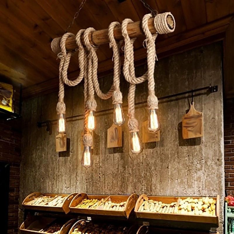 Bamboo 3 / 6 - Light Island Light Industrial Ceiling Pendant with Hemp Rope