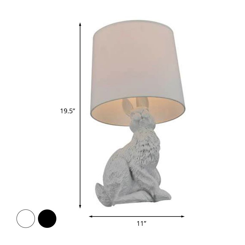 Barreau rustique Lumière de nuit 1 Bulbe Tissu de nuit Lampe de table en noir / blanc avec base de lapin en résine pour chambre à coucher