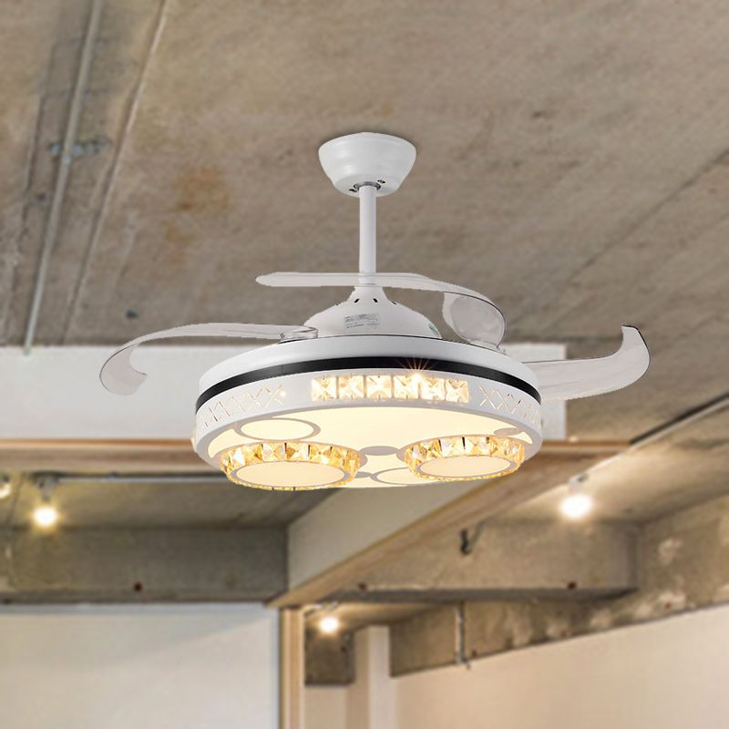 LED WHITE LED SEMI FLUSHMOUNT MODERNISTA Círculo de cristal 3 lámpara de ventilador de techo de cuchillas transparentes con cuatro anillos/patrón de nota musical, 42 "de ancho