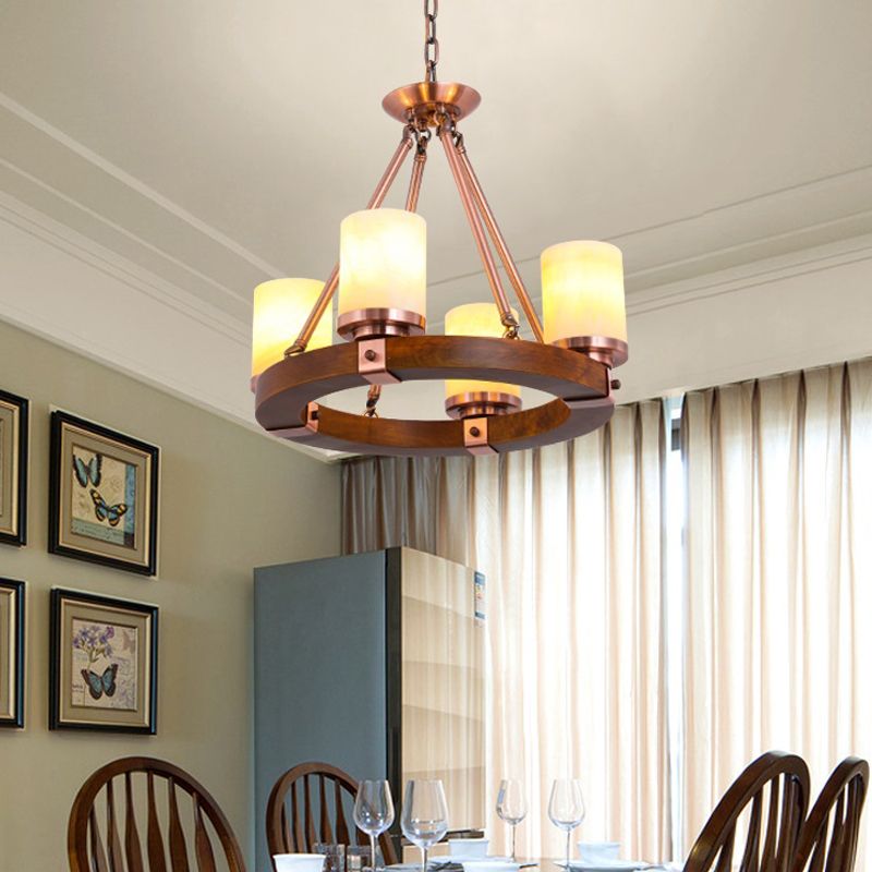Cylinder Bedroom Chandelier Light Fixture Rustic White Glass 4/6 Lights Copper Ceiling Light