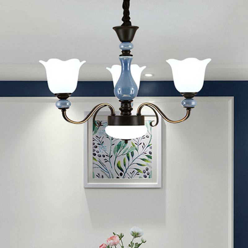 Blue Floral Shape Hanging Chandelier Countryside Milk Glass 3 Bulbs Dining Room Pendant Light Kit with Swirled Arm