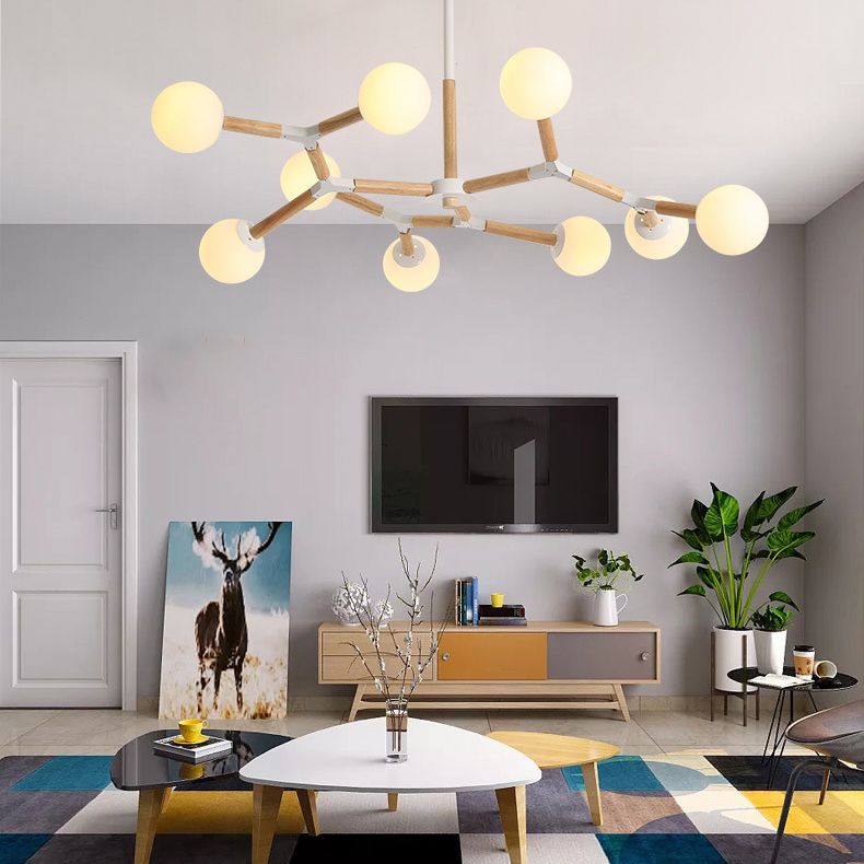 Lampadario molecolare nordico in legno soggiorno luce a sospensione con sfera di vetro opale