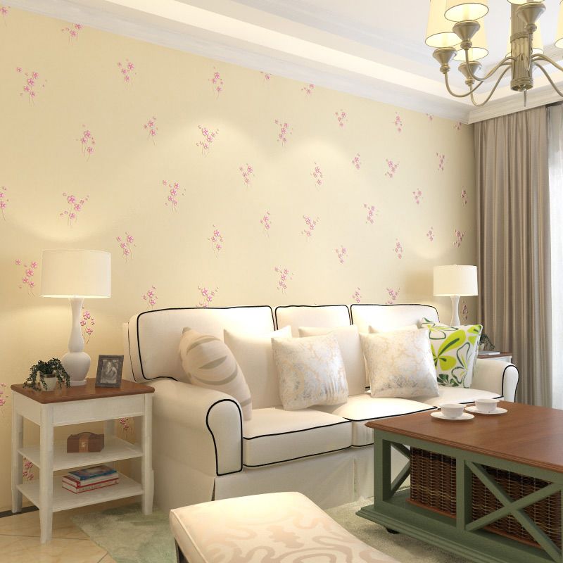 Rustic Floweret Wallpaper Roll Pink and Beige Stain Resistant Wall Decor for Bedroom