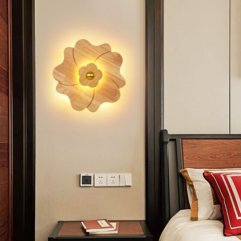 Flower Shape Wooden Sconce Light Chinese Style Wall Lighting Ideas for Bedroom Tearoom
