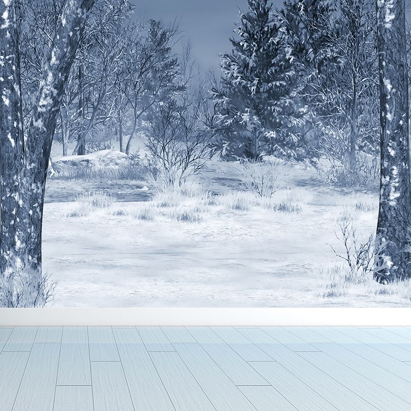 Modern Snowy Pine Trees Mural Wallpaper White Winter Botanical Landscape Wall Covering