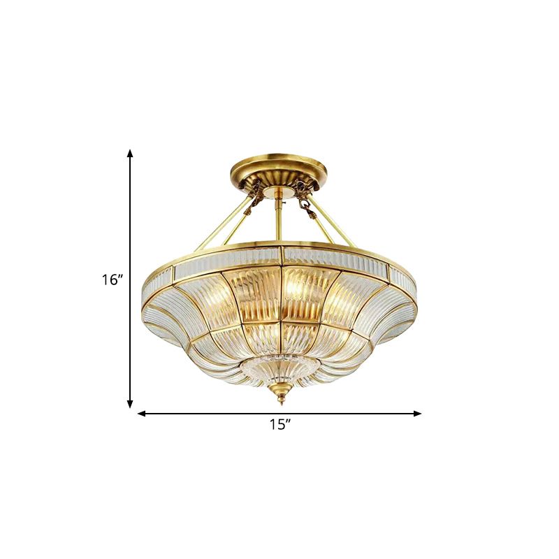 16"/19.5" Wide 3/6 Lights Bedroom Semi-Flush Mount Traditional Brass Semi Flush Light with Faceted Clear Ribbed Glass Shade