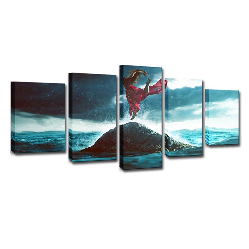 Blue and Red Tropix Canvas Art Woman Dancing on the Rock in Ocean Wall Decor for Home