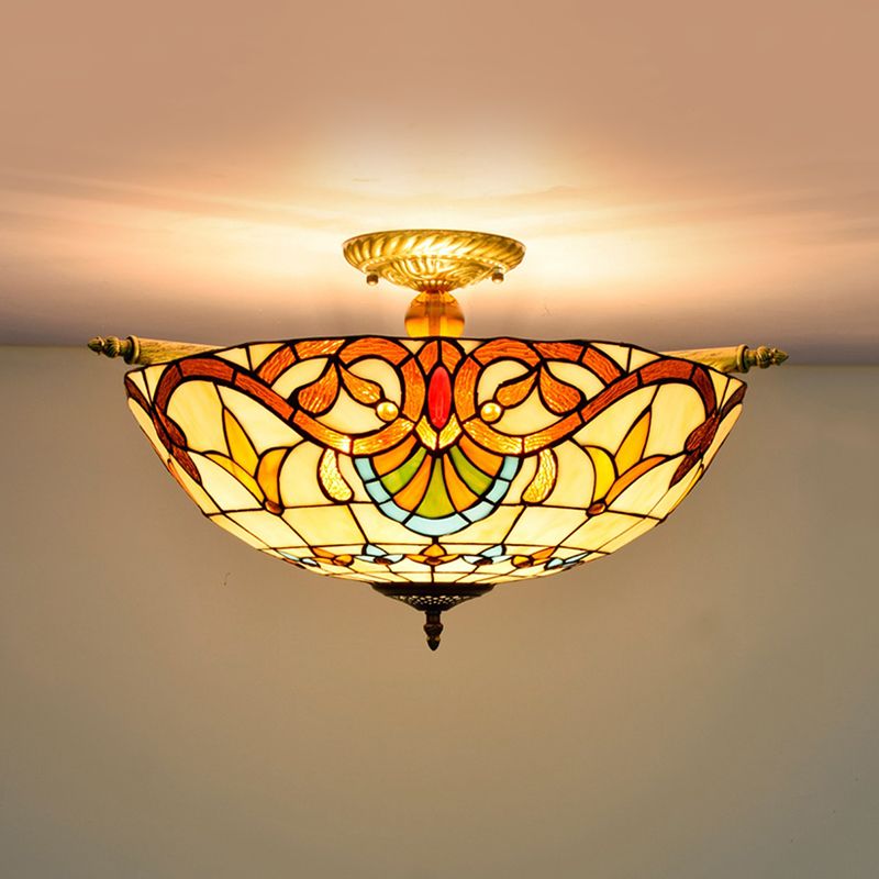 Baroque Dome Semi Flush Mount Lighting 5 Bulbs Handcrafted Stained Glass Close to Ceiling Lamp in White/Blue, 21.5"/25.5" W