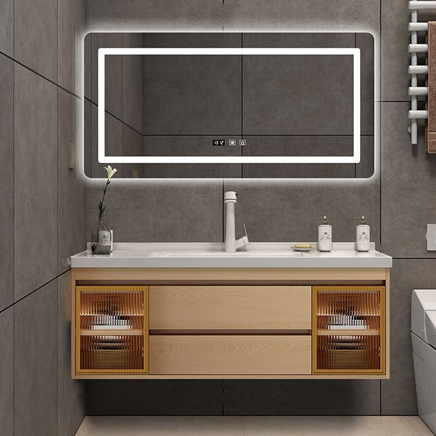 Wall Mount Vanity Mirror Single Sink Rectangle Door Wood Vanity with Drawers