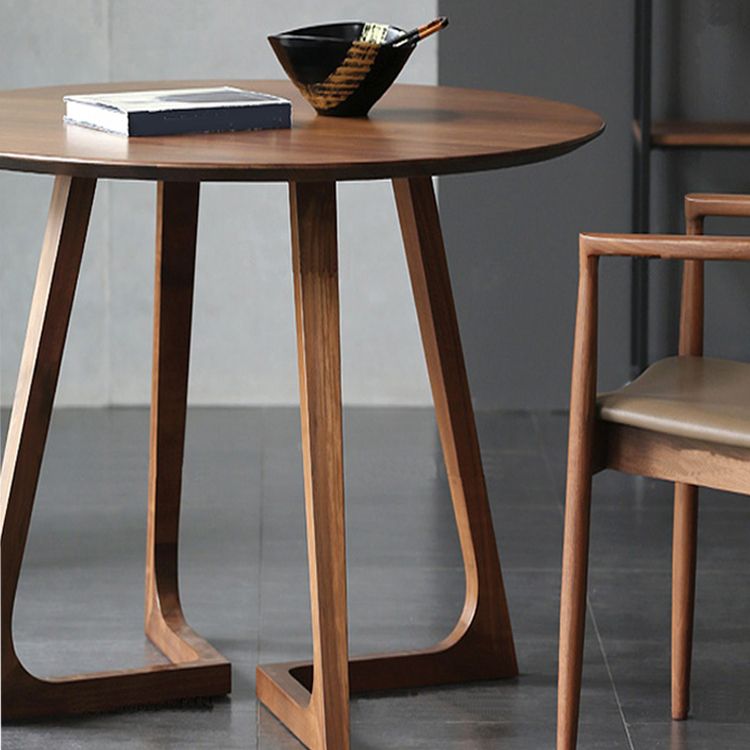 Round Casual Dining Table Brown Tone Fixed Table with Double Pedestal Base