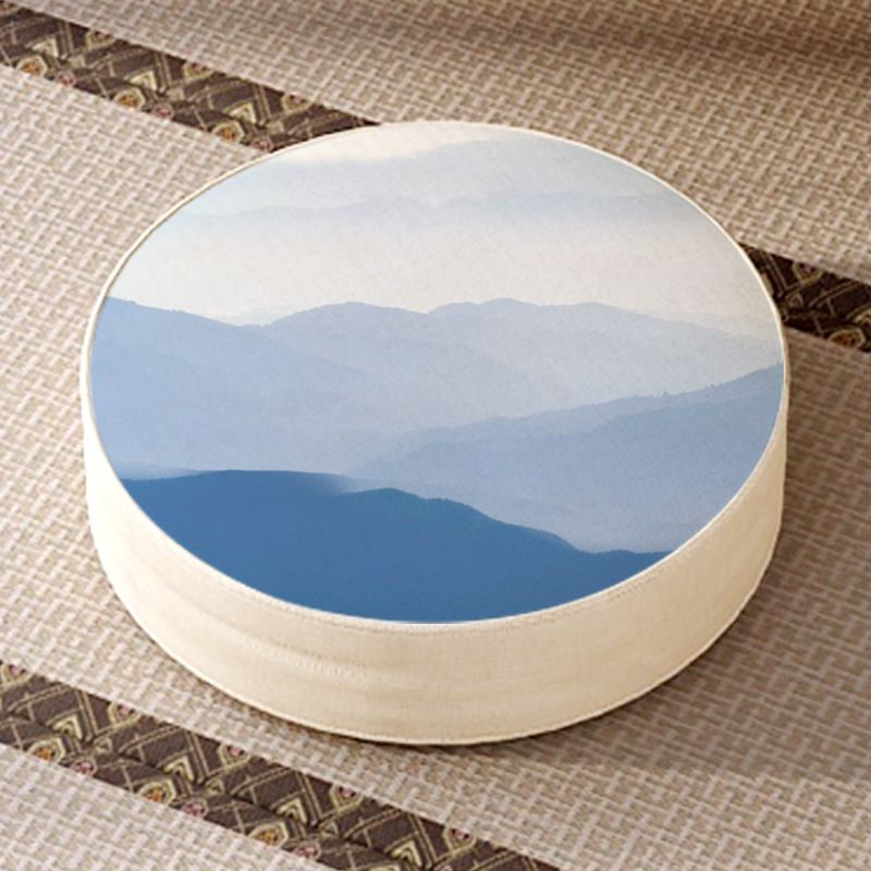 Modern Pouf Ottoman Cotton Upholstered Landscape Painting Round Ottoman