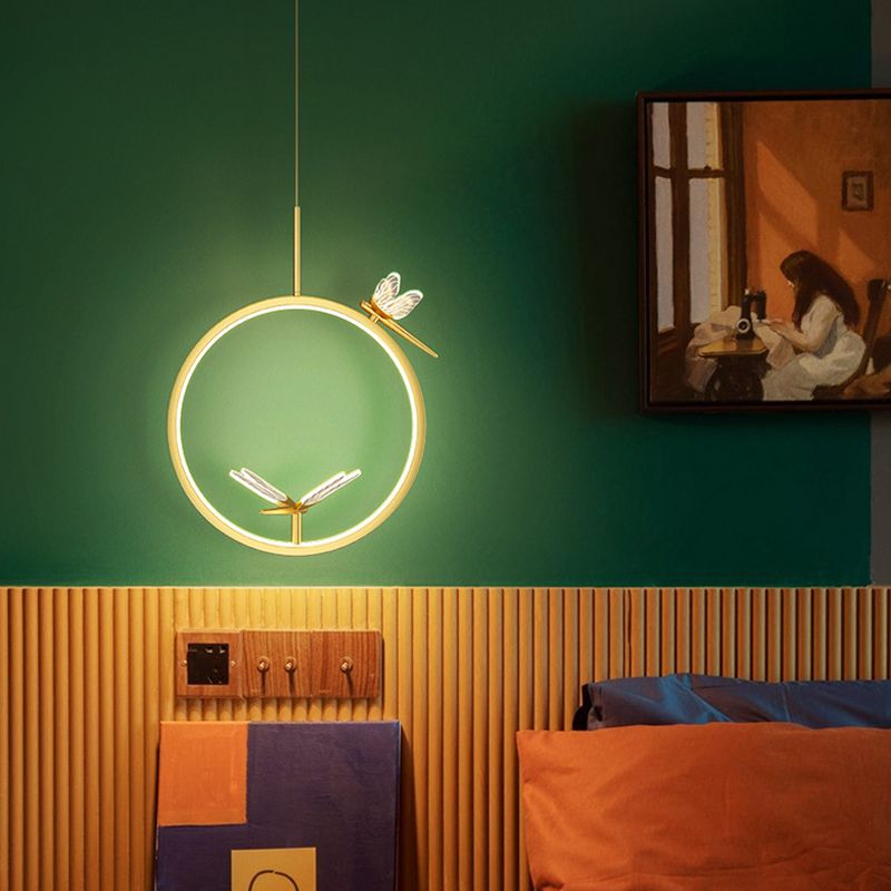 Metal Circle Hanging Pendant Light Modern LED Pendant Ceiling Light with Dragonfly Decor