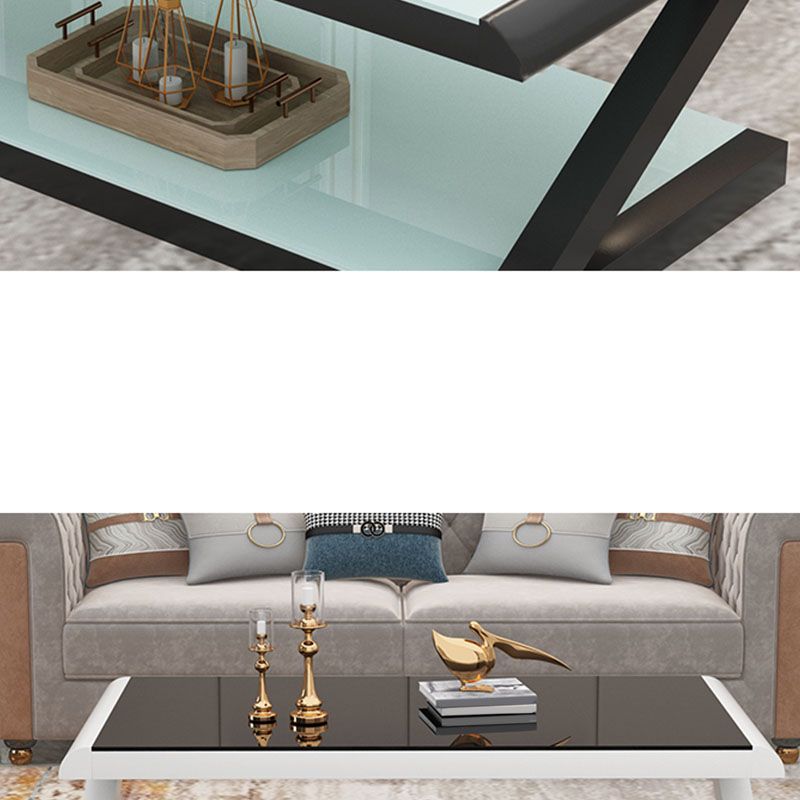 17.7"H Rectangle Glass Coffee Table Steel Abstract Base Cocktail Table with Shelf