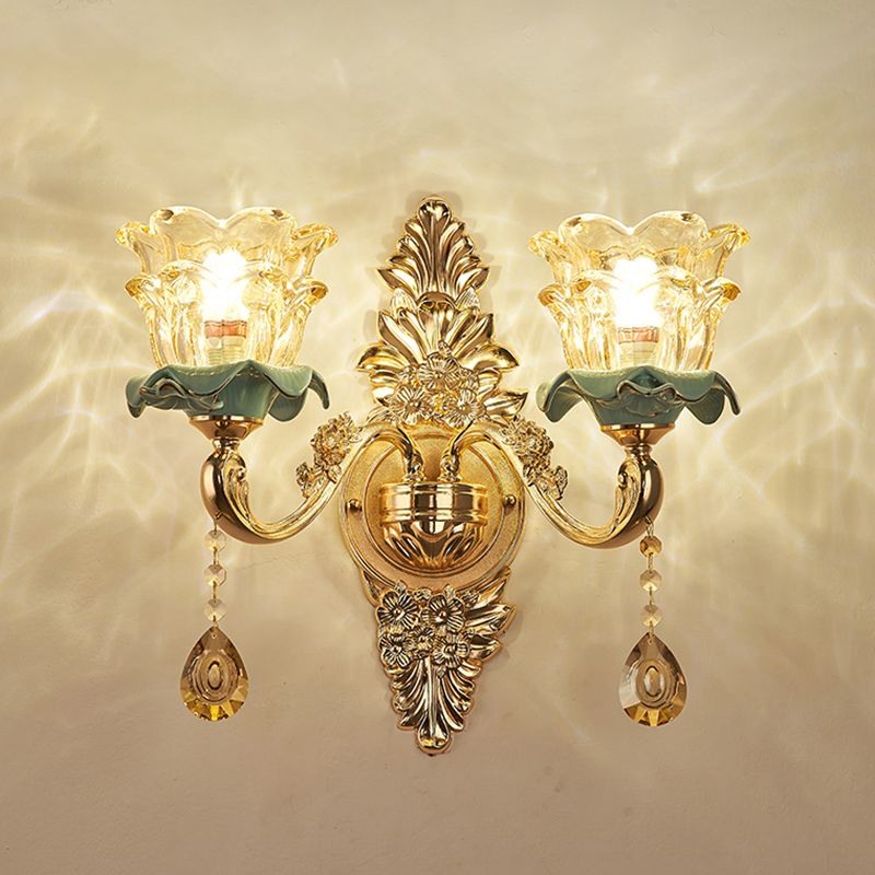 Glass Gold Wall Mount Light Ruffle Flower Retro Wall Lighting with Crystal Draping