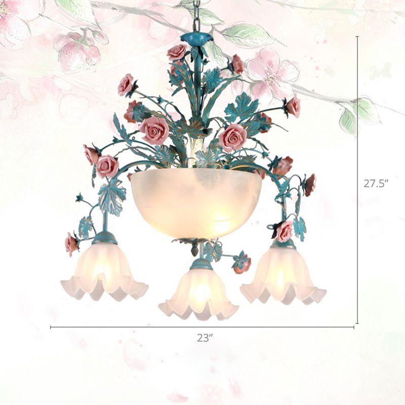 Ceramic Potted Flower Chandelier Pastoral Living Room Suspension Light with Bowl Opal Glass Shade