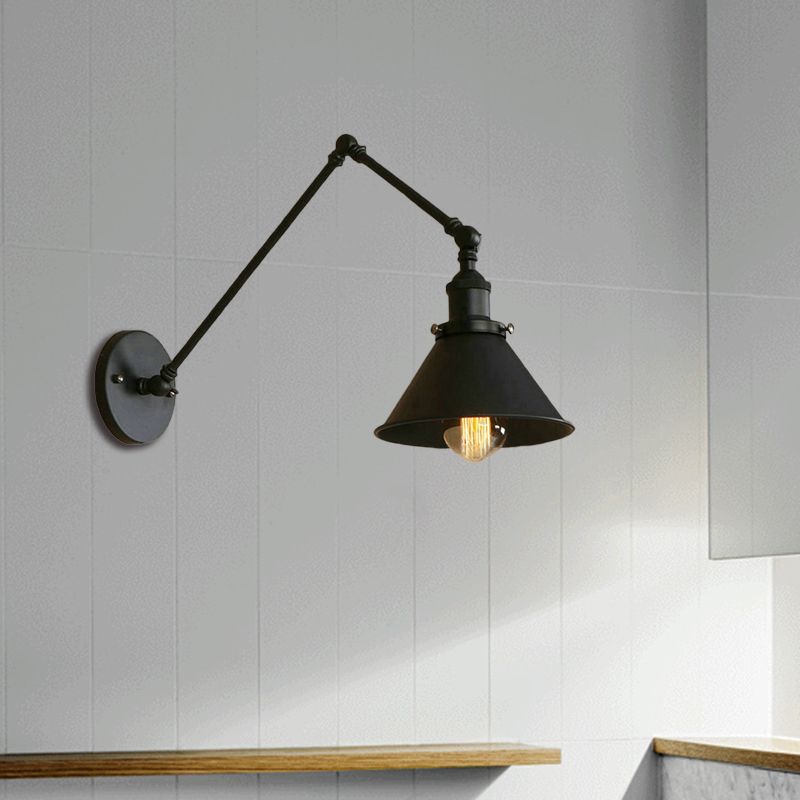 1 Kopfleuchtenbeleuchtung mit konischen Schatten und Schwung Arm Metal Retro -Stillampe in Schwarz