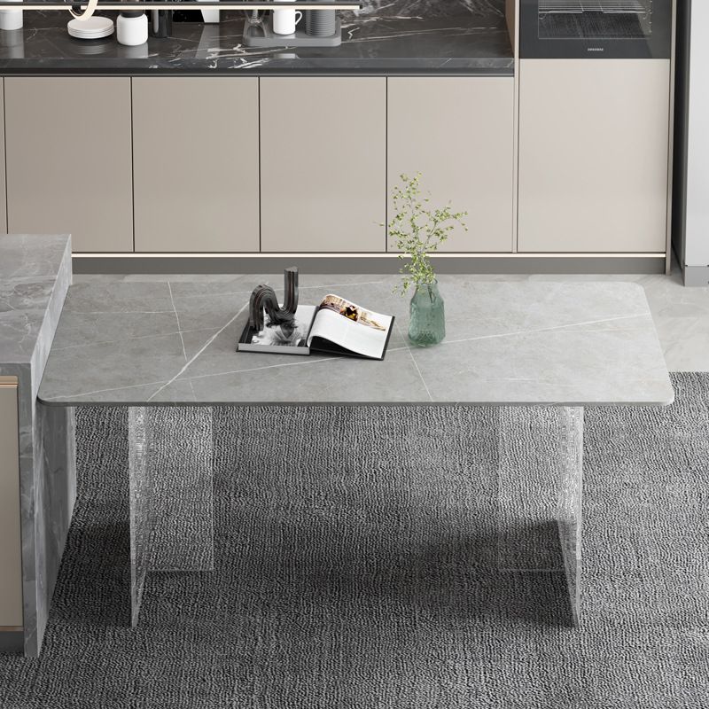 Mesa de comedor con tapa de piedra, mesa de comedor rectangular contemporánea con base de pedestal doble