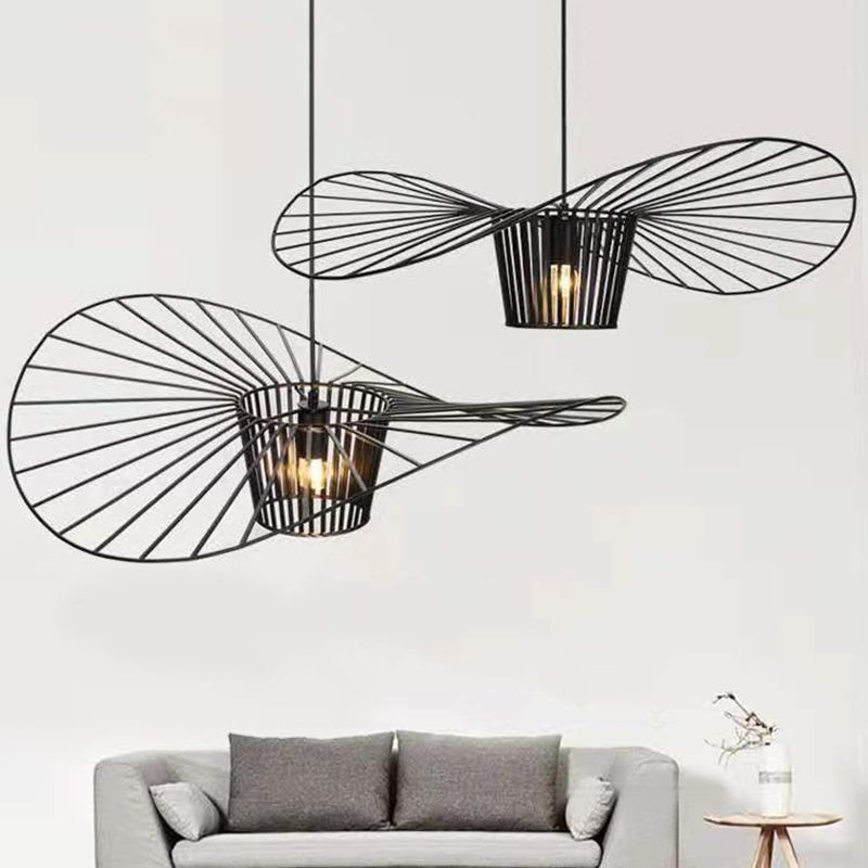 Indoor Metal 1-Light Hanging Light, Nordic Simple Straw Hat Cage Shade Pendant Light