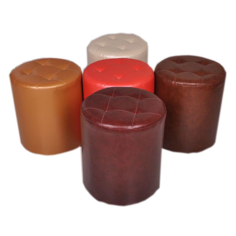 Mid-Century Modern Pouf Ottoman PU Leather Upholstered Tufted Solid Color Round Ottoman