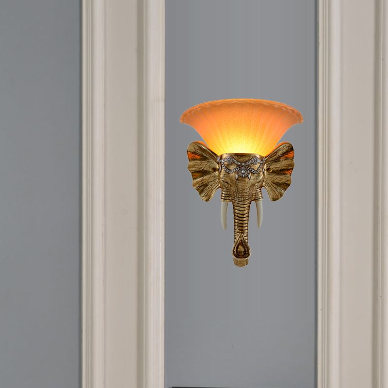 1-Light Flared Wall Mount Lamp Modern Amber Sandblasted Glass Sconce Lighting with Gold Resin Elephant