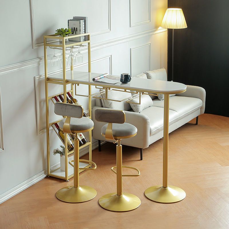 Specialty Marble Top Bar Table Glossy White Glam Pub Table with Wine Storage