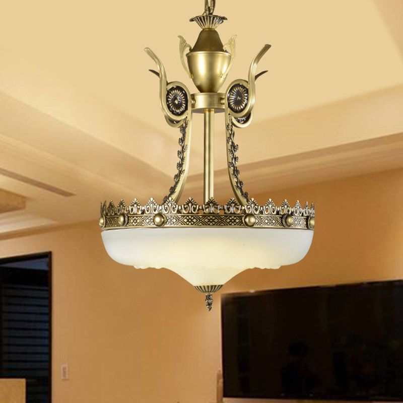 12"/16" W Cream Glass Inverted Chandelier Traditionalist 3 Lights Dining Room Hanging Light Fixture in Beige/Brass