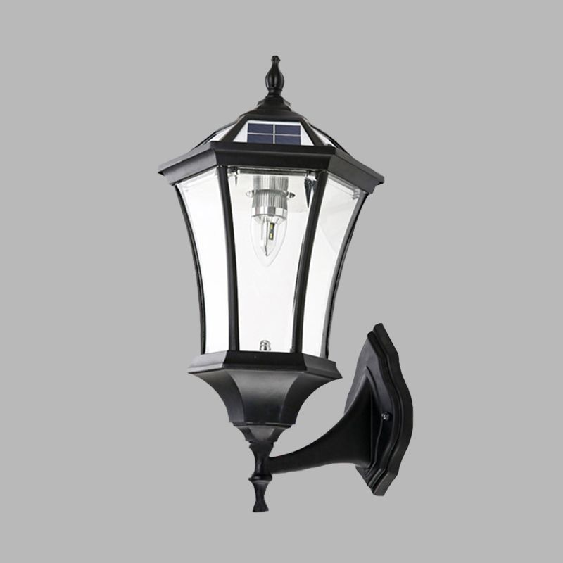 Zeshoekige gang muurverlichting boerderij helder glas 1 lamp zwarte zonne -energie wandlamp