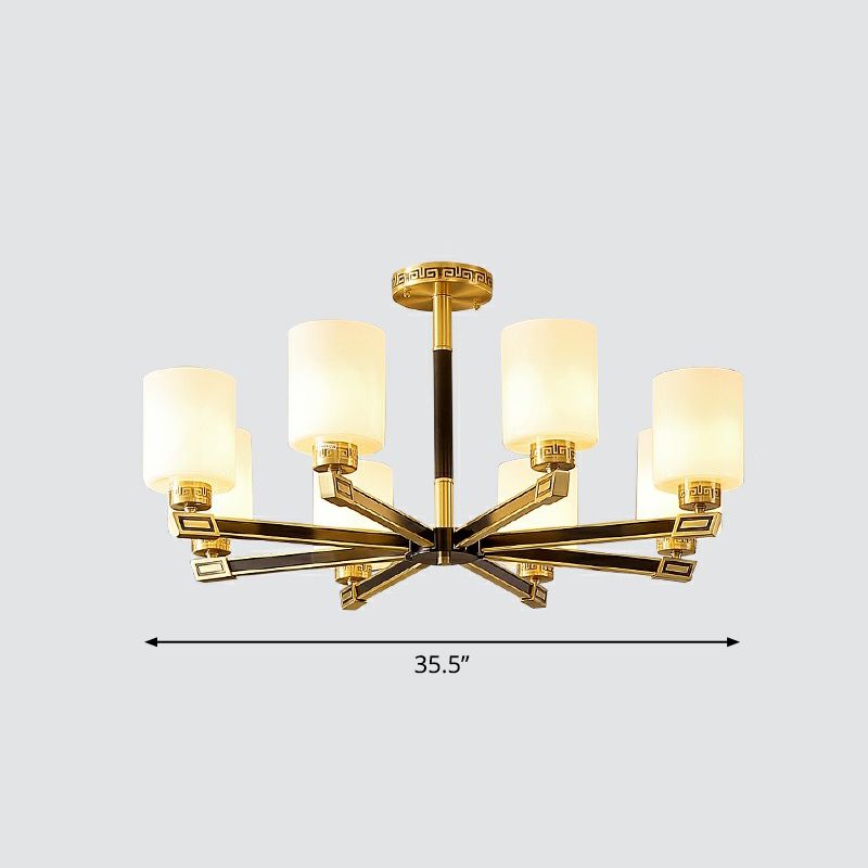 Satin Opal Glass Cylinder Ceiling Light Antique Living Room Chandelier in Black and Brass