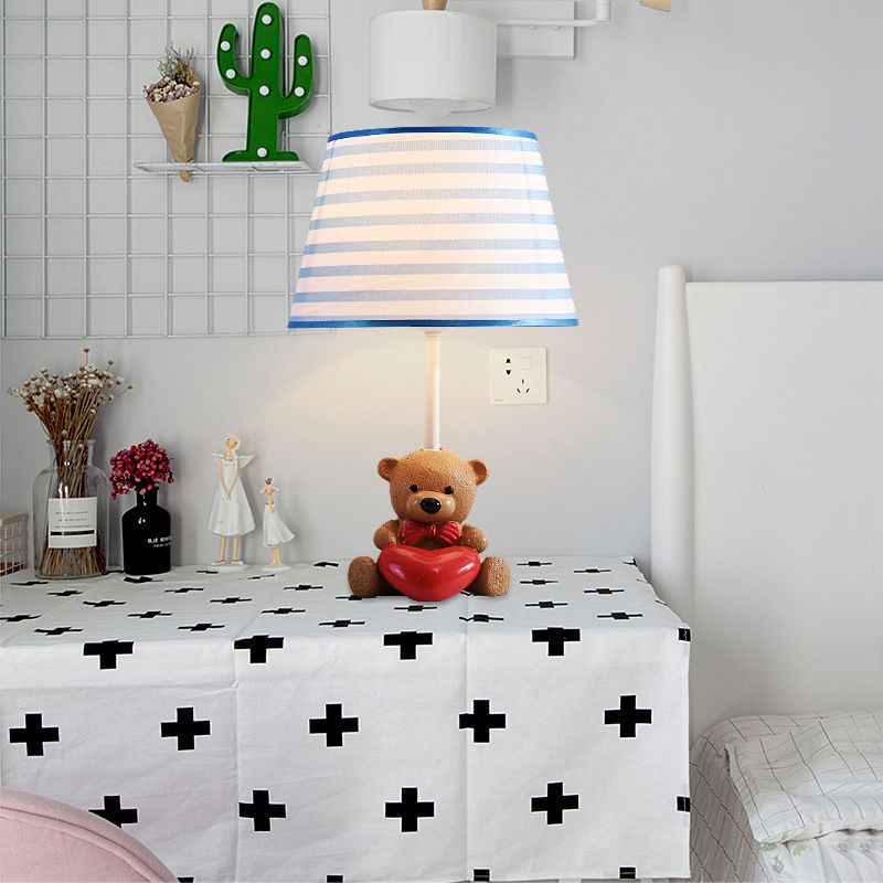 Fabric Empire Shade Table Lamp Cartoon 1 Head Brown Nightstand Light with Resin Bear and Heart