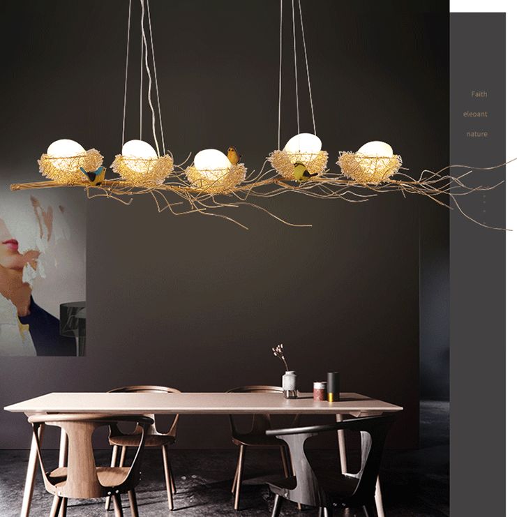 Bird and Nest Island Lampada decorativa in metallo in metallo appeso con tonalità in vetro di uova