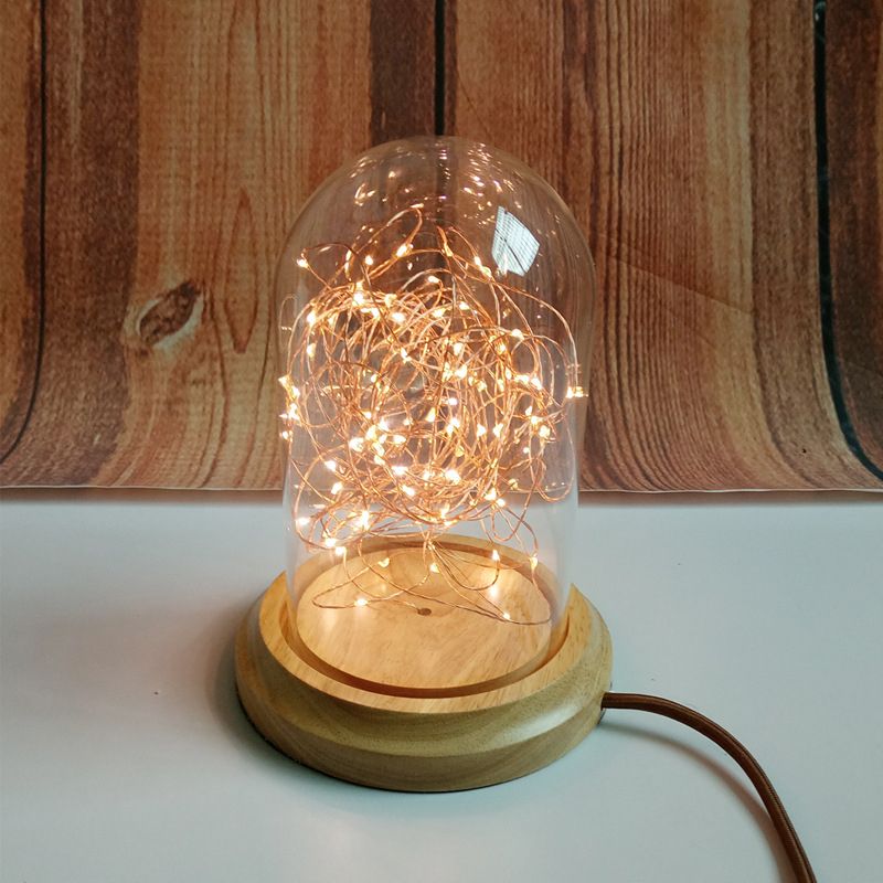 Lámpara moderna de la mesa nocturna LED BEIGE BEGE Bell Lámpara de escritorio con sombra de vidrio transparente, base de madera
