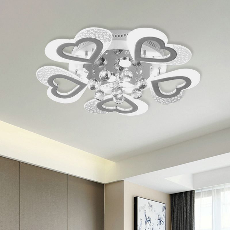 Modern Loving Heart Flush Ceiling Light Acrylic LED Bedroom Semi Flush Lamp Fixture in White with Crystal Ball Decor