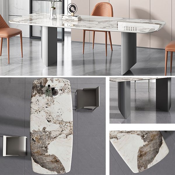 Sintered Stone Dining Table Modern Table in White with Grey Double Pedestal