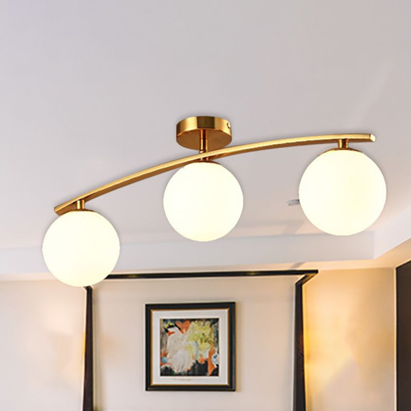 Modern Sphere Shade Semi Ceiling Mount Light Opal Glass Gold Ceiling Lamp for Study Room