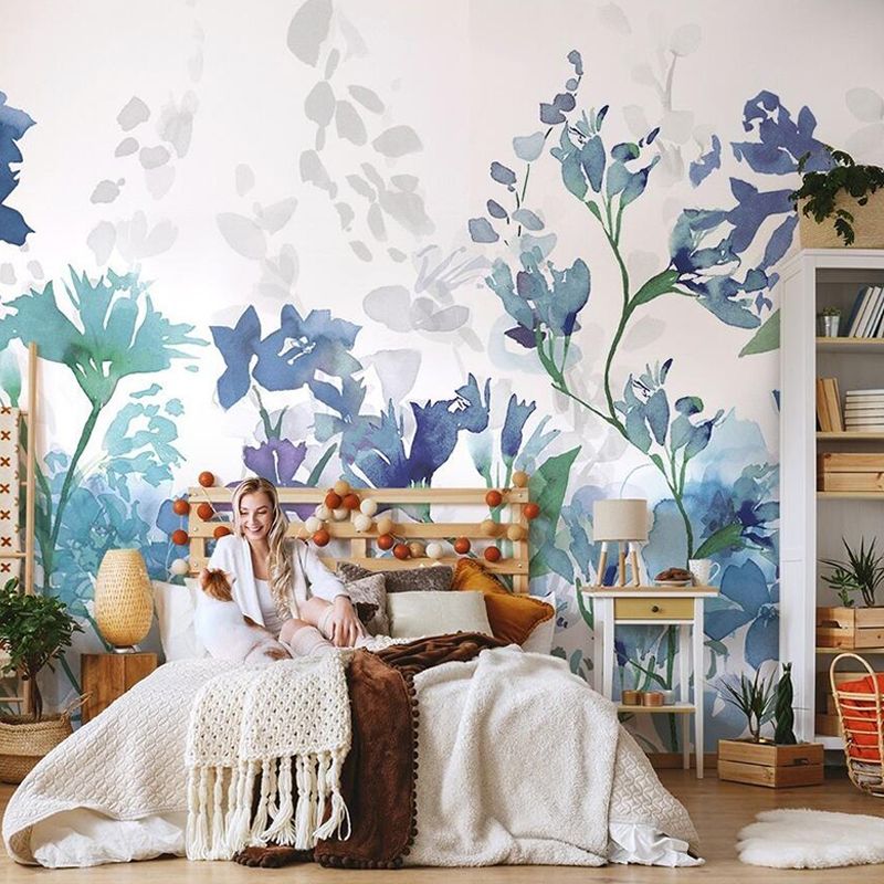 Watercolors of Blossom Mural Wallpaper in Purple and Blue, Contemporary Wall Art for Guest Room