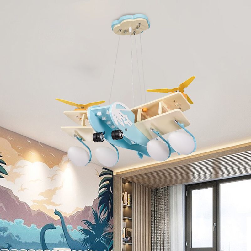 Kids Bomber Plane Wood Drop Lamp 4 Heads Chandelier Pendant Light in Light-Blue with Bomb White Glass Shade
