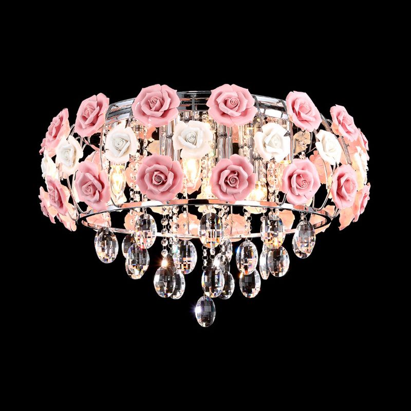 Pink Blooming Rose Ceiling Light Modern Romantic Crystal 6-Bulb Living Room Flush Mount Chandelier