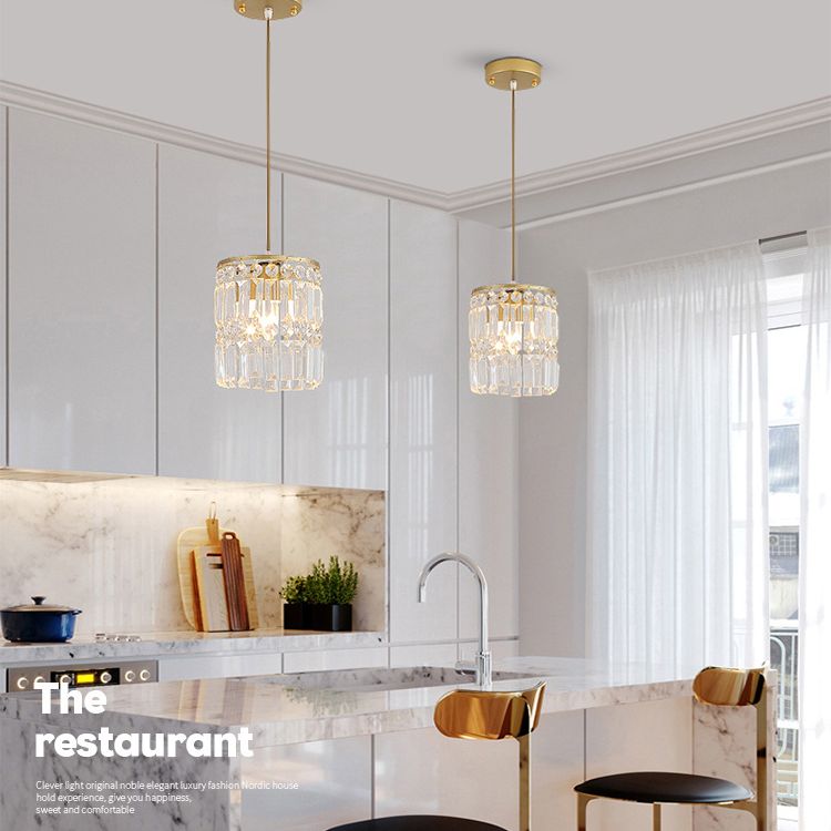 Luz colgante de LED de cristal en la moderna lámpara colgante cilíndrica de hierro forjado para el comedor