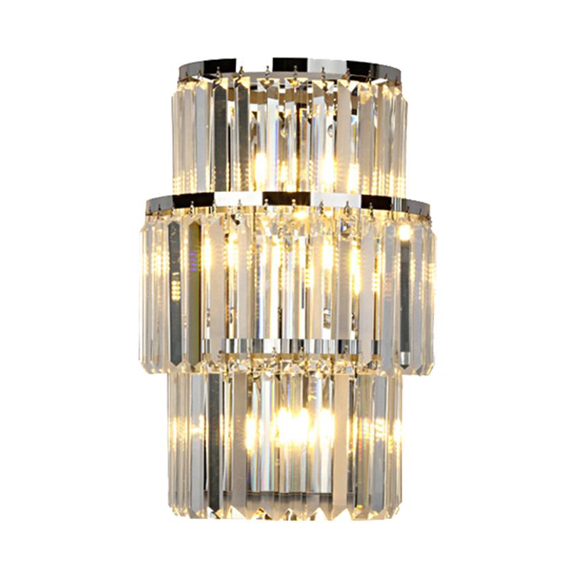 Crystal Block Cylinder Wall Mounted Light Contemporary 3 Lights Silver Sconce Light