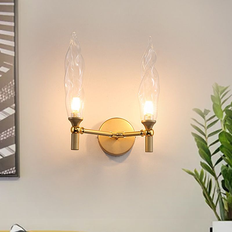 Double Arm Wall Lighting Modernism Metal 2 Bulbs Living Room Wall Mount Sconce in Gold with Torch Clear Glass Shade